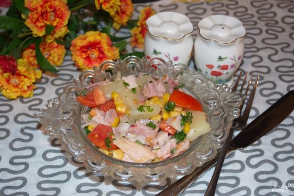 Курица с ананасами салат рецепт с фото пошагово с