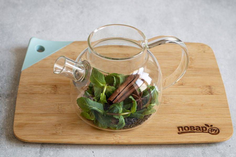 В заварочный чайник выложите зеленый листовой чай, мяту, корицу и бадьян.