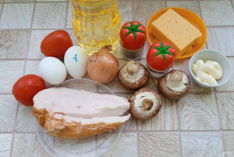 Рецепт салата «Любимый муж» с фото с помидорами, копченой курицей и грибами