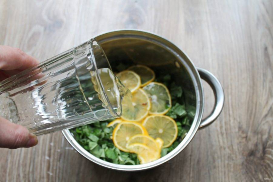 Лимон вымойте и порежьте тонкими кружочками, добавьте в кастрюлю с мятой, влейте воду.