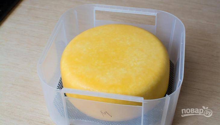 Теперь сыр смажьте маслом. Оставьте его ещё на 4 дня в холодильнике. Перенесите "Маасдам" в закрытый контейнер. Держите его неделю при 14 градусах.