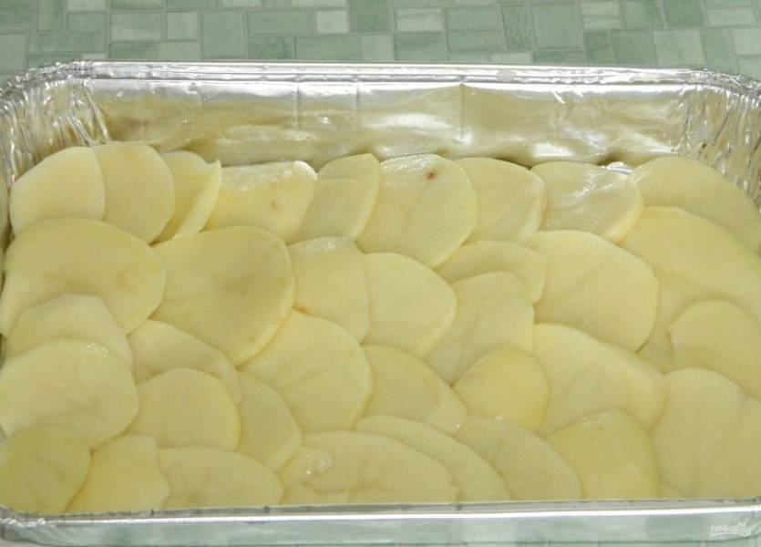 2. Выкладываем картофель в противень, накладывая немного кружки один на один. Промазываем майонезом и выкладываем лук.