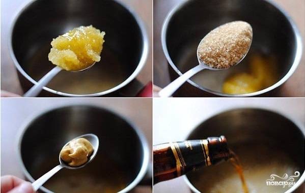 2. Для запекания рульки в духовке нужно приготовить соус. Для этого соедините мед, сахар, горчицу, пару ложек бульона и залейте все темным пивом. Поставьте на огонь и проварите, пока сахар полностью не растворится. По вкусу добавьте соль. 