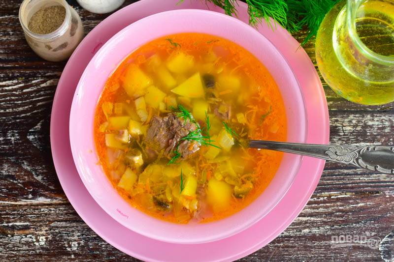 Суп с мясом и грибами в мультиварке-скороварке