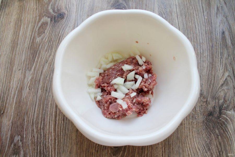 В миску выложите половину мясного фарша и добавьте порезанную луковицу.