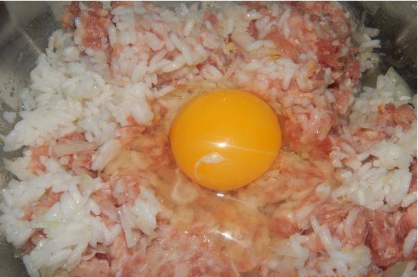 2. Из фарша,отварного риса, яйца и специй вымешиваем однородное тесто. Формируем из него тефтели, выкладываем в форму для запекания и заливаем соусом. 