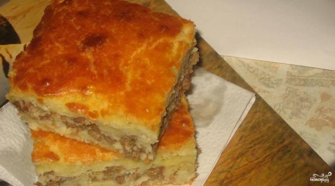 Пирог с фаршем и картошкой в духовке на кефире