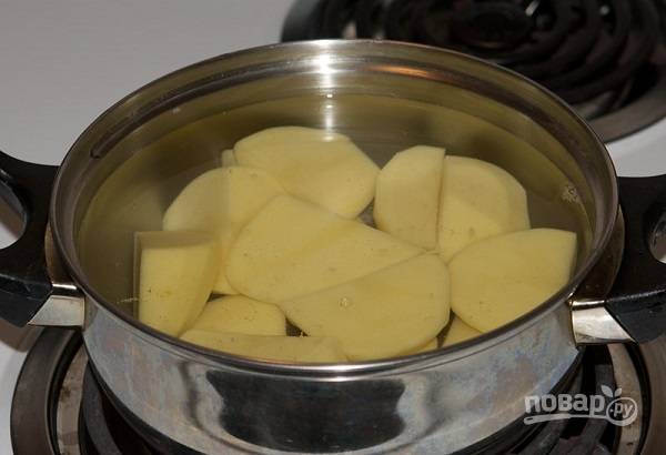 1. Картофель вымойте, очистите и нарежьте среднего размера кусочками. Выложите в кастрюлю, залейте водой (кипятком) и поставьте на огонь. После закипания подсолите по вкусу. 