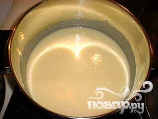 2. В кастрюле соедините сгущенное молоко и воду, хорошо размешайте, добавьте крахмал, ваниль и взбитые яичные желтки. Доведите смесь до кипения, все время помешивая. Когда она начнет густеть, снимите с огня и дайте остыть.