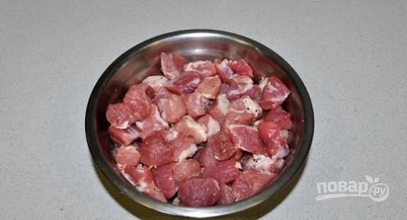 Мясо промойте и нарежьте небольшими кубиками. Посолите и поперчите его. Оставьте свинину мариноваться в холодильнике минимум на 2 часа.
