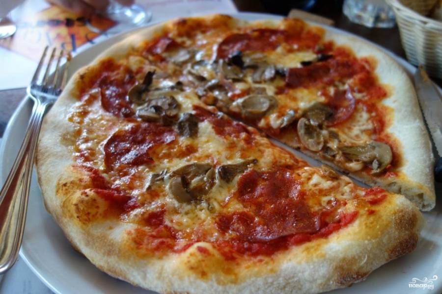 Пицца на сковороде с колбасой и грибами