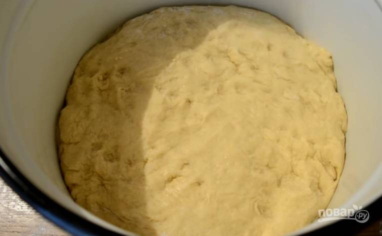 6.	Переложите готовое тесто в эмалированную посуду, смазанную подсолнечным маслом, и поставьте в теплое место на 2 часа. Тесто увеличится в 7-8 раз.
