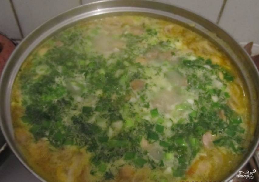 9. Когда картофель будет почти готов, всыпаем в суп зелень и добавляем чеснок. 