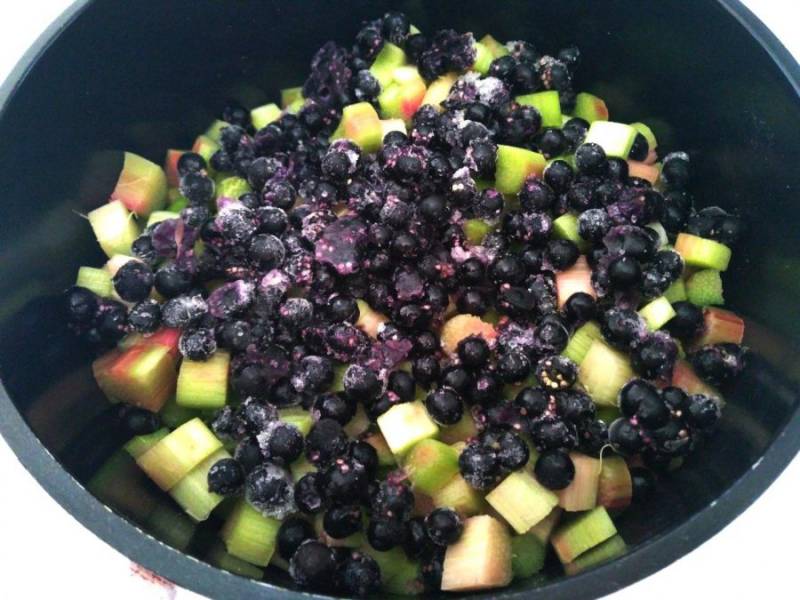 Поместите кусочки ревеня и паслён в толстостенную посуду. При использовании замороженных ягод, заранее размораживать их необязательно.