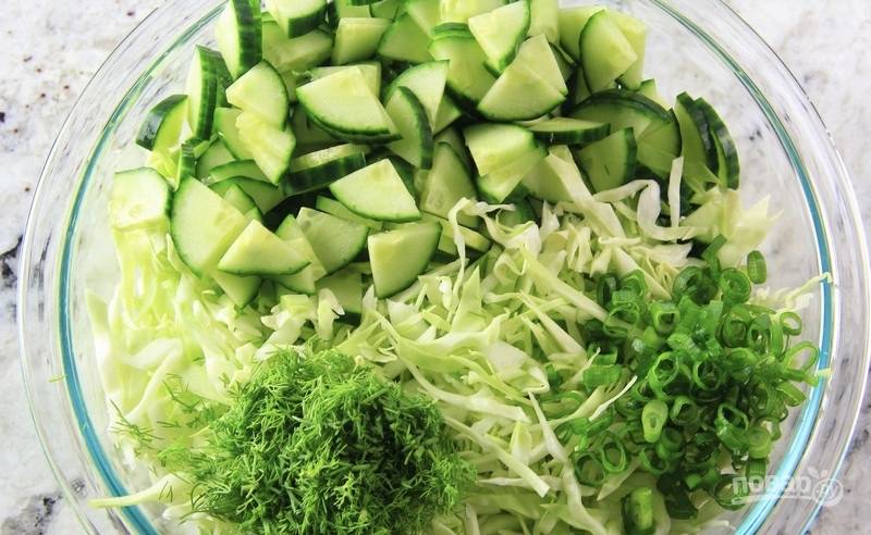 Переложите измельченные зелень и огурец в салатницу к капусте.