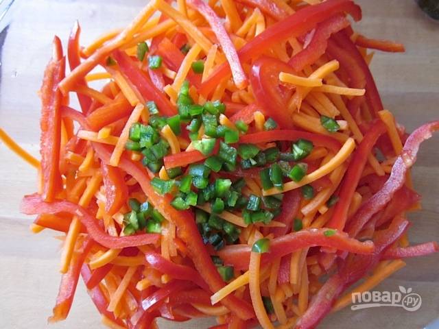1.	Помойте морковь, красный перец и острый. Порежьте красный перец тонкими кусочками, измельчите острый, а морковь порежьте тонкими брусочками, положите все в миску.
