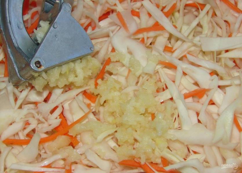 Смешайте пропущенный через пресс чеснок с капустой, хреном, морковью и перцем.