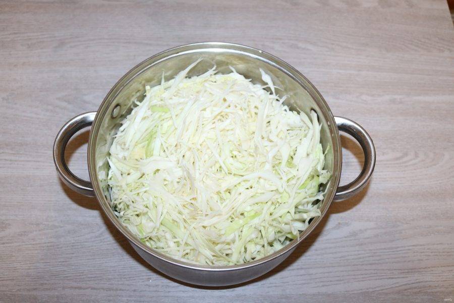 Выложите капусту в большую ёмкость, в которой будет удобно перемешивать.