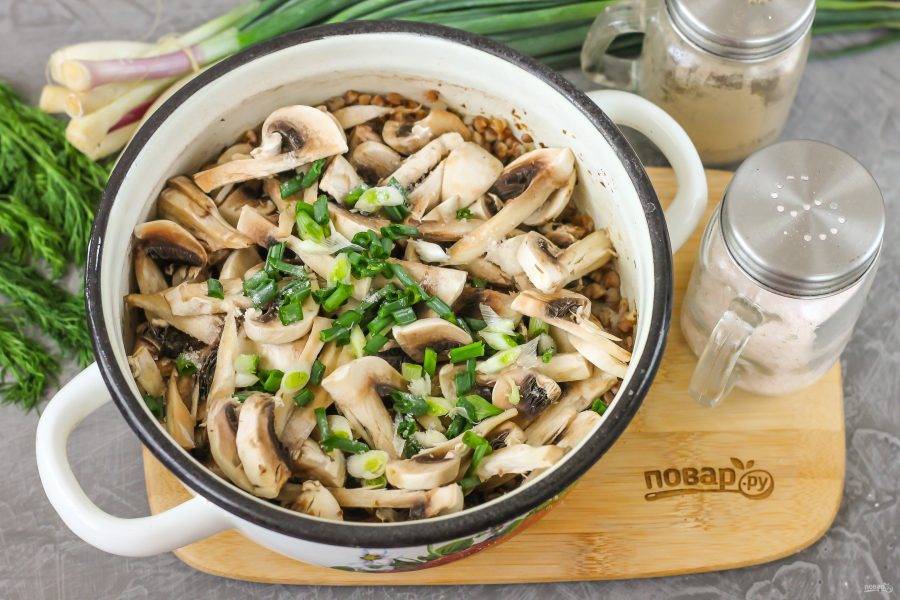 Выложите в кастрюлю грибы. Промойте и измельчите зеленый лук, добавьте в емкость. Накройте крышкой и потушите еще 5-7 минут.