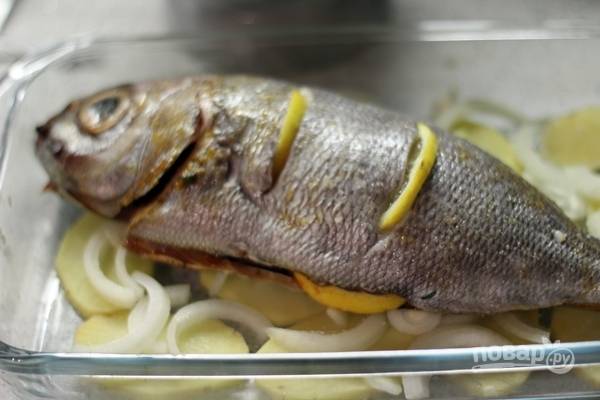 Сделаем в тушке рыбки несколько разрезов, вставим в них тонкие ломтики лимона. выкладываем рыбу на картофель в форму, смажем маслом и отправим в духовку минут на 30-40.