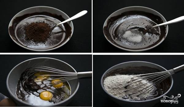 4. Добавьте соль, сахар, какао. По одному вбейте яйца, взбейте до однородности. Затем всыпайте просеянную муку. Перемешайте, чтобы получилось однородное тесто без комочков. 