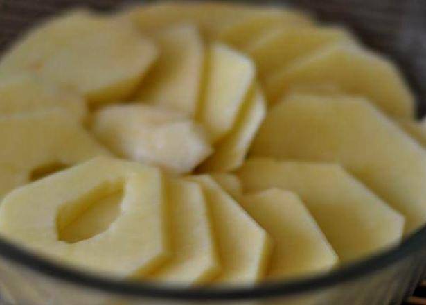 Форму для выпечки смазываем растительным маслом и выкладываем на ее дно ровным слоем нарезанный картофель, посыпаем его солью и специями.