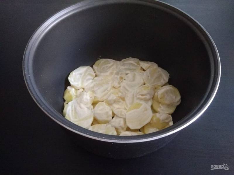 2. Затем слой посыпьте солью и перцем, и смажьте 2 ст. ложками майонеза.