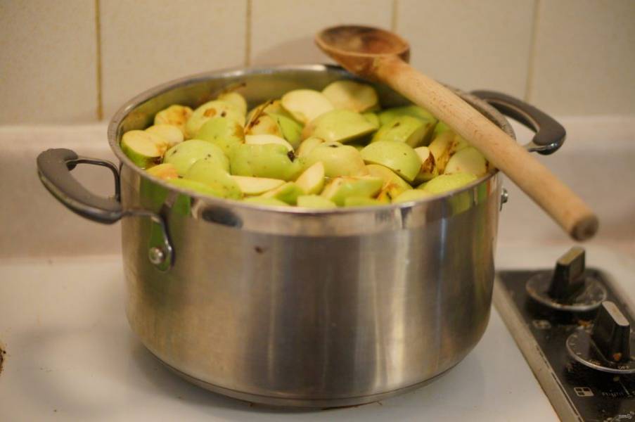 Разрежьте яблоки на четыре части, уложите кастрюлю с толстым дном, добавьте воду и на медленном огне доведите до кипения. Кипятите в течение 15 минут под закрытой крышкой, периодически помешивая.