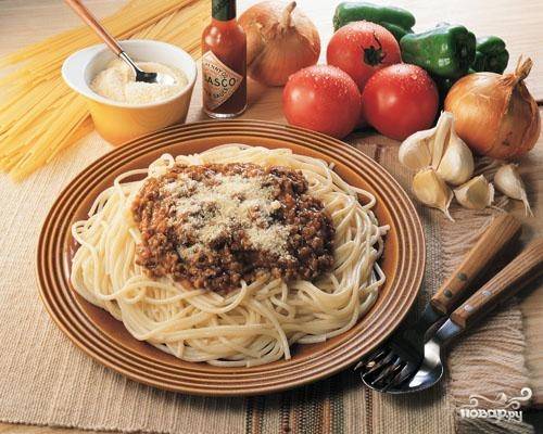 Рецепт - Спагетти с фаршем и помидорами: