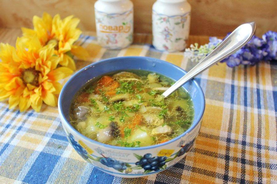 Постный суп с фасолью и грибами готов. Подавайте к столу с гренками или свежим хлебом.