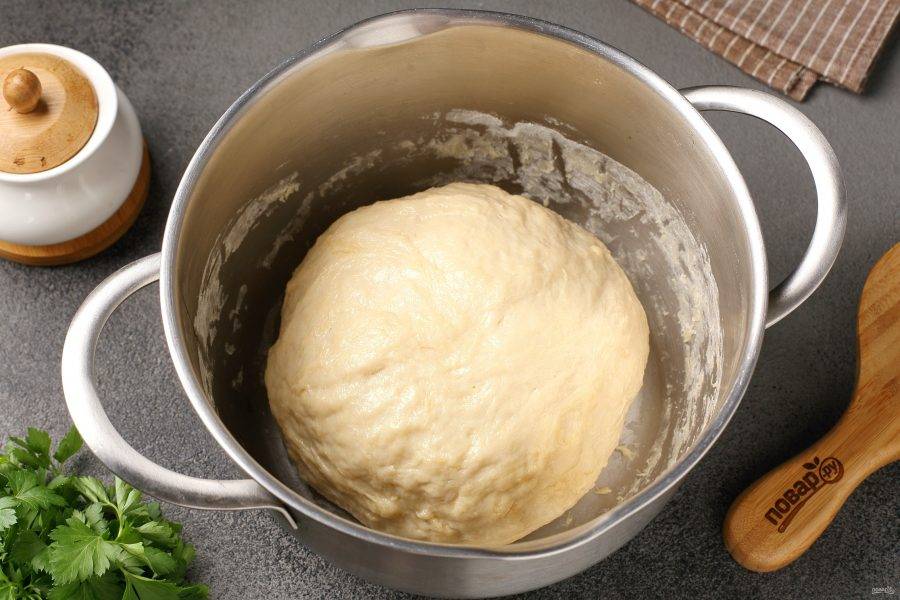 Готовое тесто должно слегка липнуть к рукам. Соберите его в шар, смажьте растительным маслом, накройте миску пищевой плёнкой и уберите в холодильник до утра.