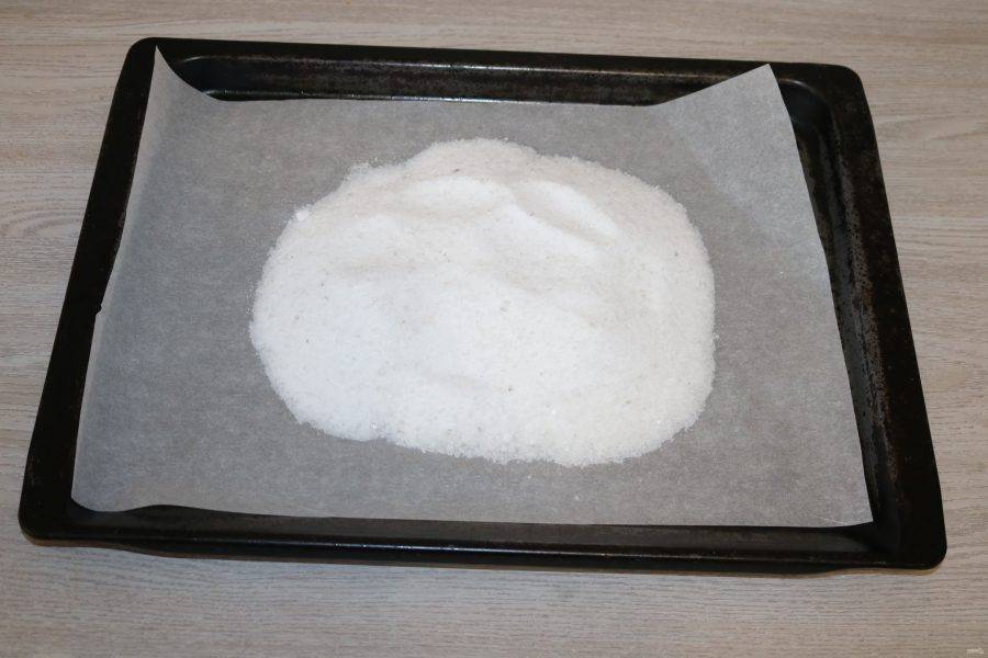 Противень застелите пергаментом, на него положите соль. Соль возьмите каменную, не йодированную.