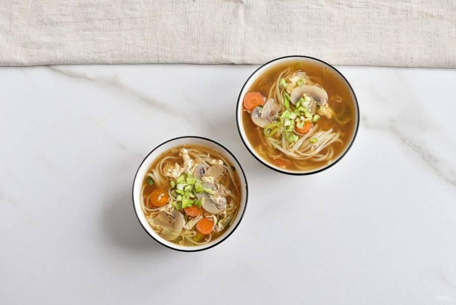 Разлейте горячий суп по тарелкам и посыпьте зеленым луком.