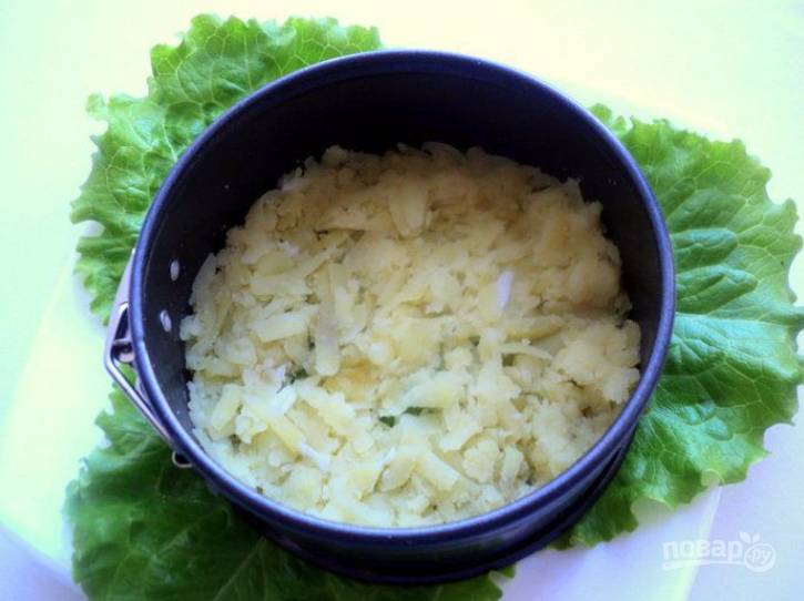 4.	Вымойте и уложите листья салата, сверху установите кулинарное кольцо или разъемную форму. На дно уложите картошку, добавьте соль.