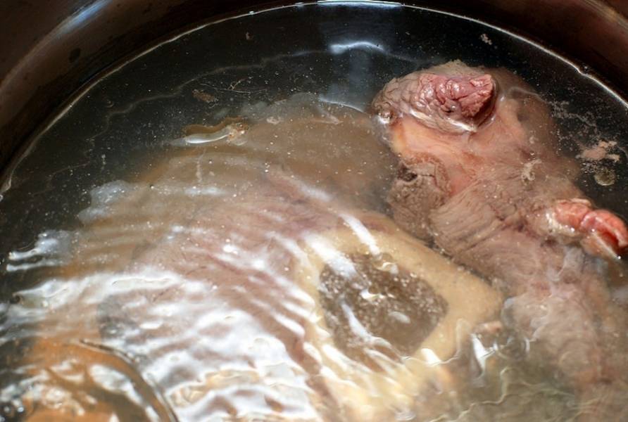 В кастрюлю кладем говядину куском (промытую) и наливаем 1,5 литра воды. Варим мясо на медленном огне в течение 2-2,5 часов.