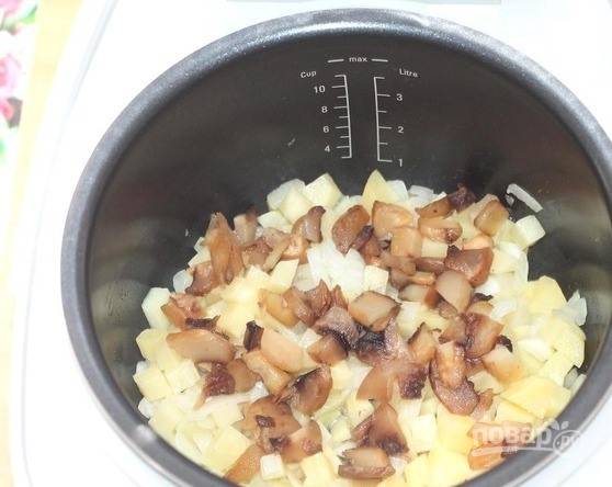В чашу мультиварки налейте растительное масло, поставьте ее в режим жарки. Обжарьте на масле лук с грибами, пока не испарится жидкость, затем выложите картофель и обжаривайте до полуготовности. Присолите по вкусу. 