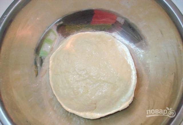 Большую миску смажьте по периметру подсолнечным маслом. В центр выложите тесто. Оставьте его на 2 часа в тёплом месте под полотенцем.