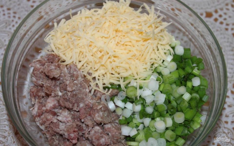 3.	В миску перекладываю фарш (свинина+курица), затем добавляю зеленый лук и твердый сыр, солю и перчу.