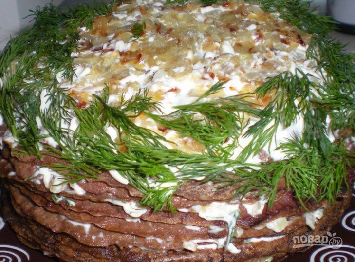 Печёночный торт из говяжьей печени — рецепт с фото пошагово