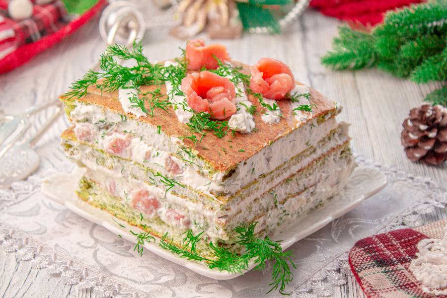 Торт-салат с красной рыбой и творожным сыром – пошаговый рецепт приготовления с фото