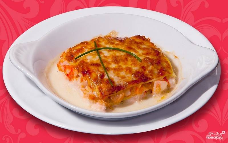 Вкусный Рецепт: Лазанья из лосося, креветок и шпината