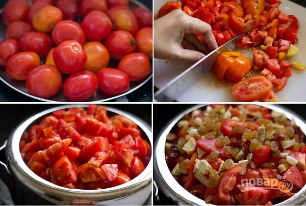 1. Вымойте и обсушите помидоры. Удалите хвостики, нарежьте небольшими кусочками и отправьте в кастрюлю или чашу мультиварки. Добавьте очищенный и немного измельченный чеснок, имбирь, чили. Выложите промытый изюм. 