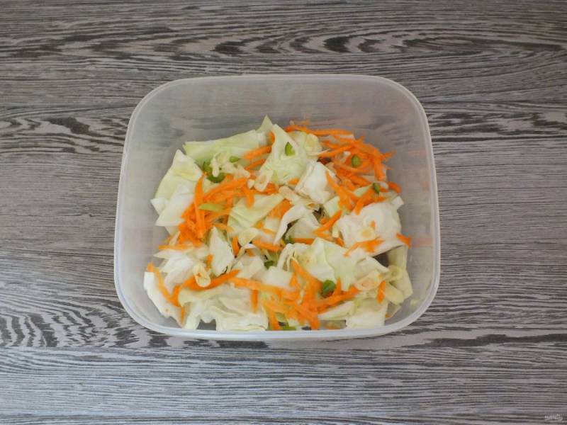 Возьмите тару, лучше чтобы она была стеклянной или пластиковой. Чередуя разложите овощи: капуста, морковь, перец, чеснок и так до тех пор, пока не закончатся подготовленные овощи.