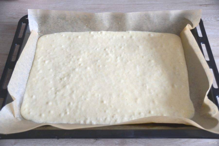 Разогрейте духовку до 175 градусов. Выложите тесто на силиконовый коврик или на силиконизированный пергамент размером 30х40 см., разровняйте.