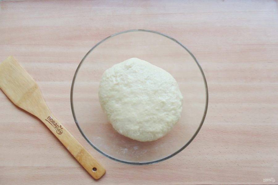 Замесите мягкое эластичное тесто. Смажьте миску маслом и выложите тесто. Накройте пищевой пленкой или полотенцем. Отправьте в теплое место.