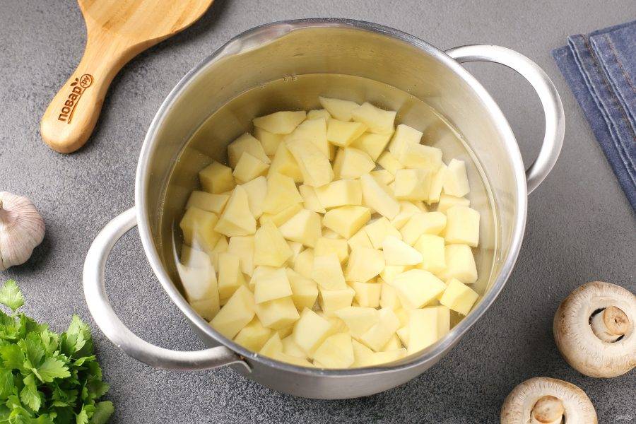 Картофель очистите, нарежьте кубиками, переложите в кастрюлю и залейте водой. Готовьте около 20 минут.