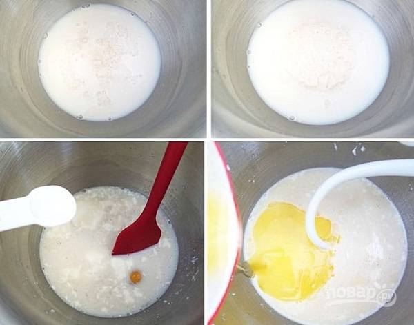 1. Молоко и воду соедините и немного прогрейте. Всыпьте дрожжи и сахар, дайте постоять минут 5. После добавьте соль и растопленное сливочное масло.