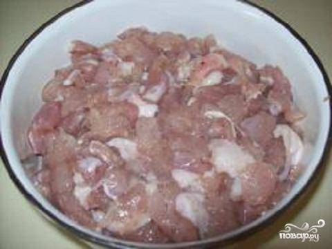 1.	Мясо нарезать небольшими кусочками. Добавить соль и перец. Перемешать и поставить в холодильник на 1,5 часа.