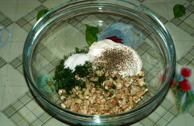 Смешиваем измельченные грибы со сметаной и мелко нарезанным укропом, добавляем перец и соль по вкусу.