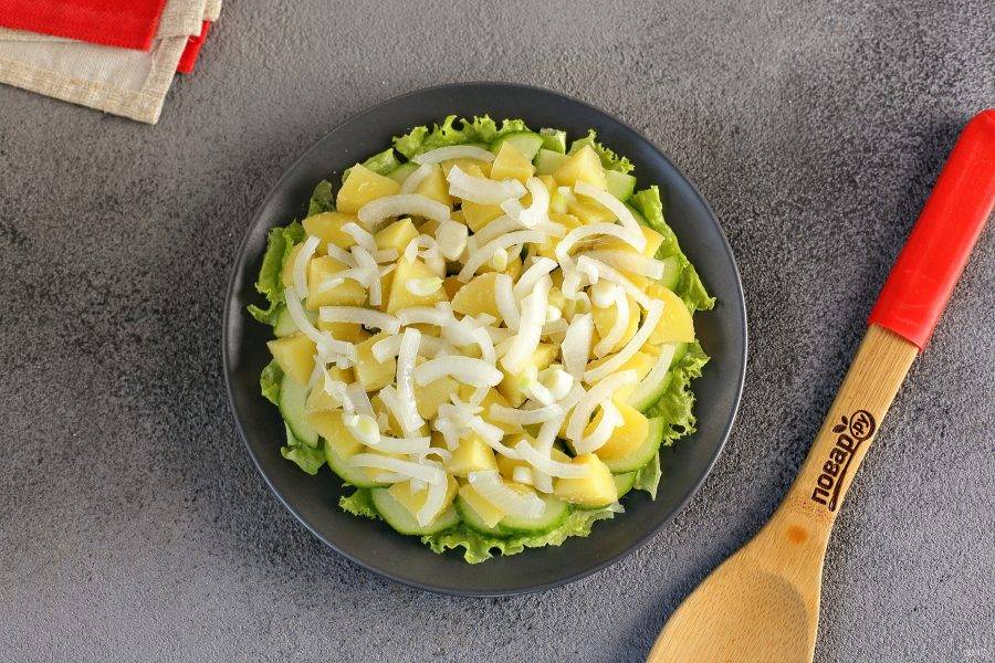 Далее выложите нарезанный тонко лук. Если используете не салатный лук, то просто обдайте его кипятком, чтобы убрать горечь.